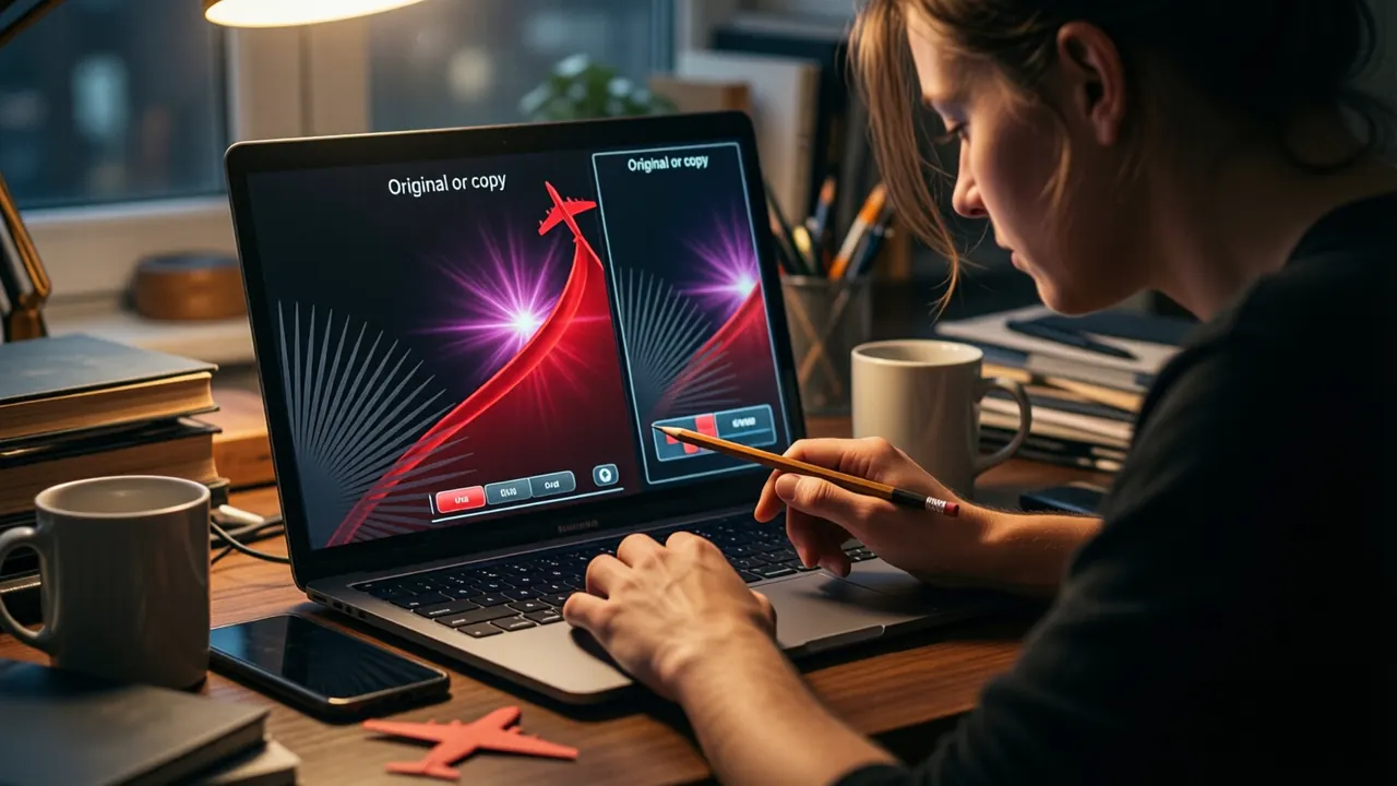 A woman leaning over a laptop at a cluttered desk in the evening, filling the frame, the laptop screen showing two crash game screens side by side under the heading "Original or copy", a pencil in her hand pointing at the left one, a mug and a phone beside the keyboard