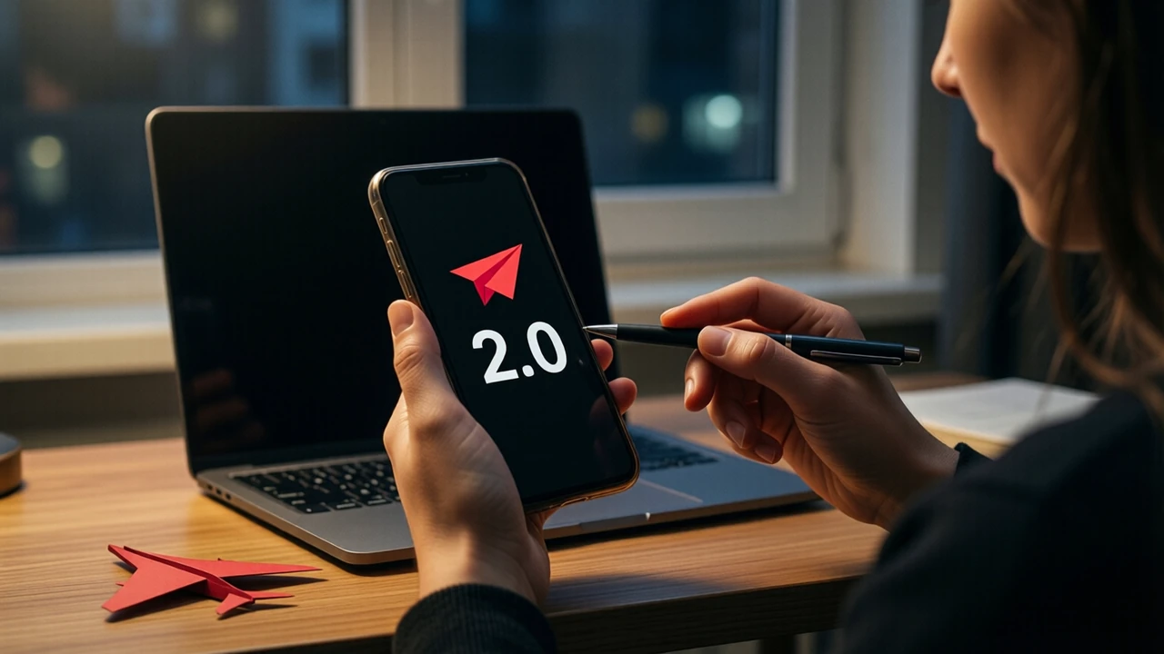 A young woman at a desk by a window at night holding a phone in one hand and pointing at its screen with a pen, filling the frame, the phone screen almost empty and dark, showing only a simple red paper plane icon above one very large white number "2.0", a closed laptop behind her