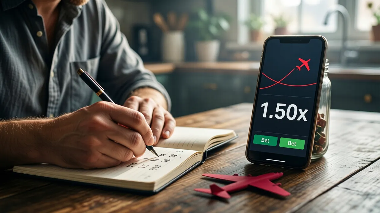 A man in a grey shirt at a kitchen table in the morning, filling the frame, writing numbers into a ruled notebook while a phone propped against a jar shows a dark canvas with a thin red curve and a small red plane in its upper half, one large white multiplier reading "1.50x" in the middle and two green buttons reading "Bet" at the bottom