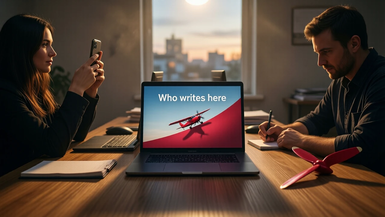 Two people at one wide desk in a small office at dusk, filling the frame, a laptop between them turned towards the camera with its screen showing the heading "Who writes here" above a small red plane on a rising crimson curve, the woman on the left holding up a phone, the man on the right taking notes, plain unbranded devices, bare walls