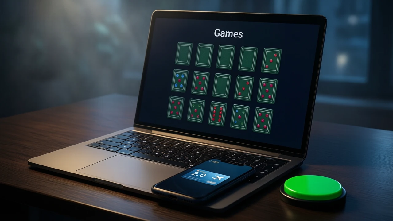 A laptop open on a dark desk at night, its screen showing a dark catalogue page with a grid of thirteen plain game tiles under the heading "Games", a phone lying in front of the keyboard with its screen showing one store card reading "2.0" beside a small plane icon