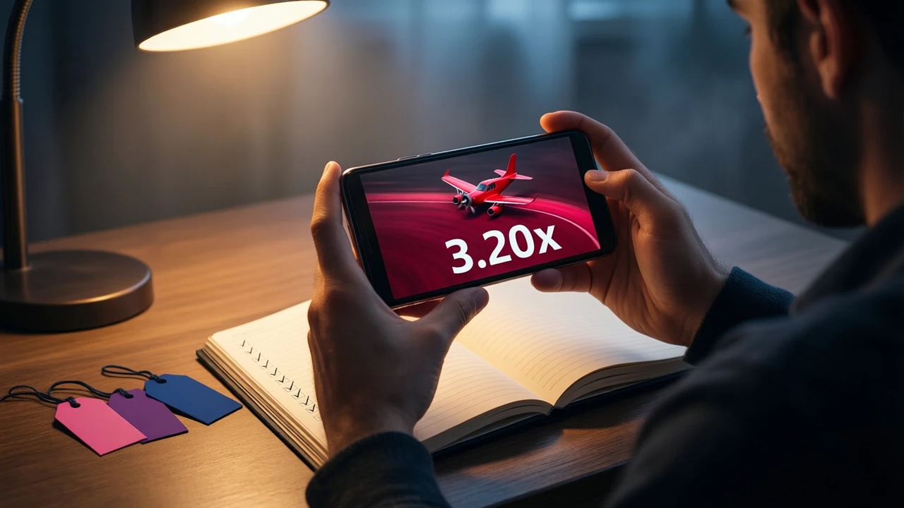 A man sitting at a desk with a phone held sideways in both hands, the phone screen showing a crash round with a small red plane high on a crimson curve and a large white multiplier reading "3.20x", an open notebook beside him with two columns of pencil ticks, warm lamp light
