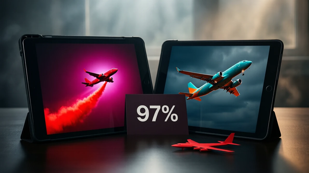 Two tablets standing upright side by side on a dark desk, the left screen showing a small red plane on a rising crimson curve over a magenta glow, the right screen showing a larger plane painted teal and orange climbing across a dark sky, a small dark card leaning between them with the large white number "97%" printed flat on its face