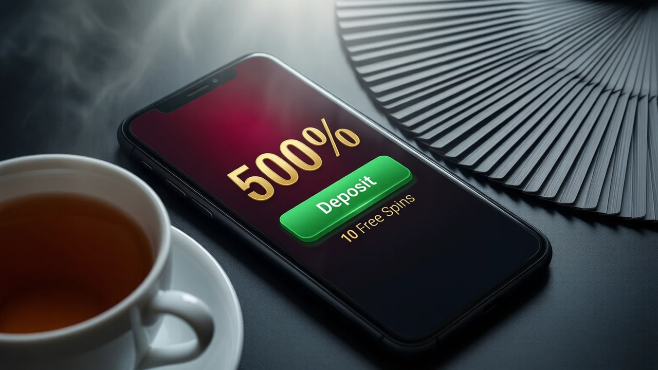 A phone lying flat on a dark desk beside a cup of tea, its screen showing the large gold number "500%" above one wide green button reading "Deposit", a second line underneath reading "10 Free Spins"