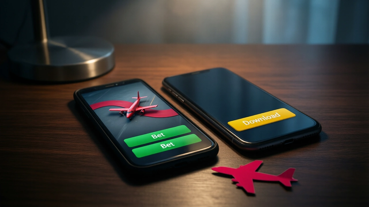 Two black phones lying side by side on a dark wooden desk under a lamp, the left screen showing a crash round with a small red plane on a crimson curve and two green buttons reading "Bet", the right screen showing a plain dark page with one large yellow button reading "Download"