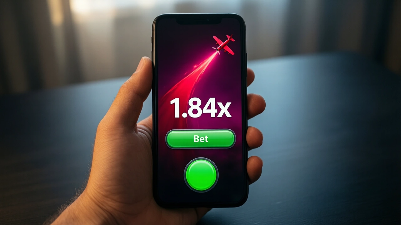 A hand holding a black phone above a dark desk, the screen showing a crash game round with a small red plane at the tip of a rising crimson curve over a magenta glow, a large white multiplier reading "1.84x" in the centre and one wide green button reading "Bet" underneath
