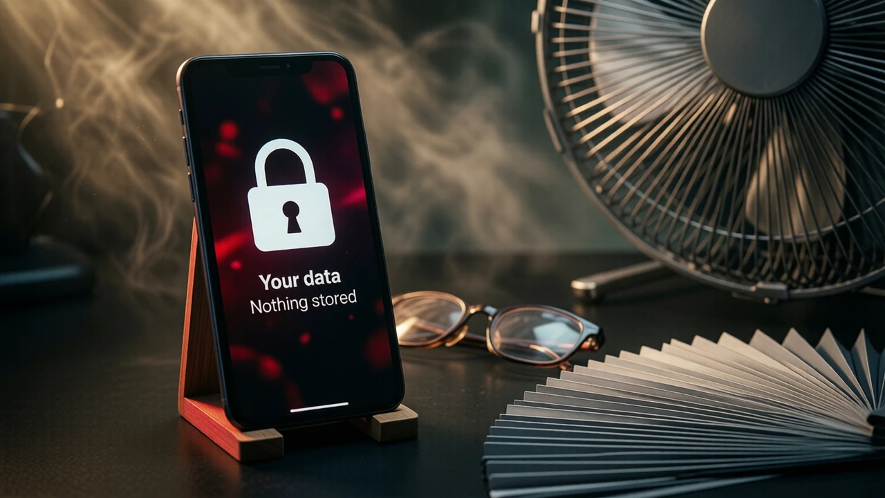 A phone standing upright in a small stand on a dark desk, filling the frame, its screen showing a large white padlock icon above the heading "Your data" and one short line reading "Nothing stored", a pair of glasses folded beside it