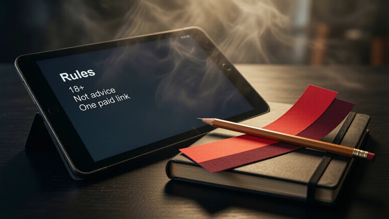 A tablet lying on a dark desk next to a closed notebook, filling the frame, its screen showing a plain dark page with the heading "Rules" and three short lines reading "18+", "Not advice" and "One paid link", a pencil laid across the notebook